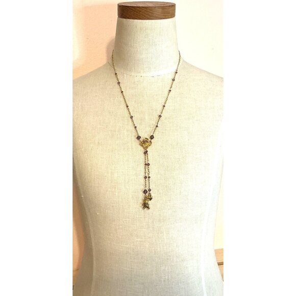 Gold 14Kt GF tone Lariat Necklace With Purple Beads and Heart Charm - Picture 5 of 5